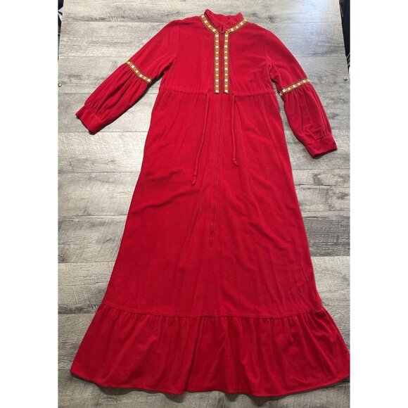 Vintage 60s Lounge Craft Nightgown Womens Medium Red Housecoat Zip Pocket Long - Picture 12 of 15